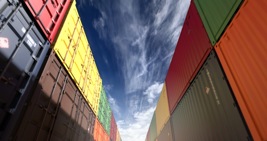 Cargo shipping container stacks under cloudscape. Industrial containers are excellent for cargo import export shipment. Camera seamlessly moves thru cargo boxes of different transportation companies Royalty-Free Stock Footage #1032391073