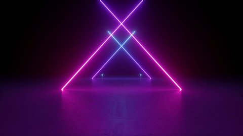 abstract neon background, flying back through triangular corridor, appearing glowing pink blue crossed lines, ultraviolet spectrum