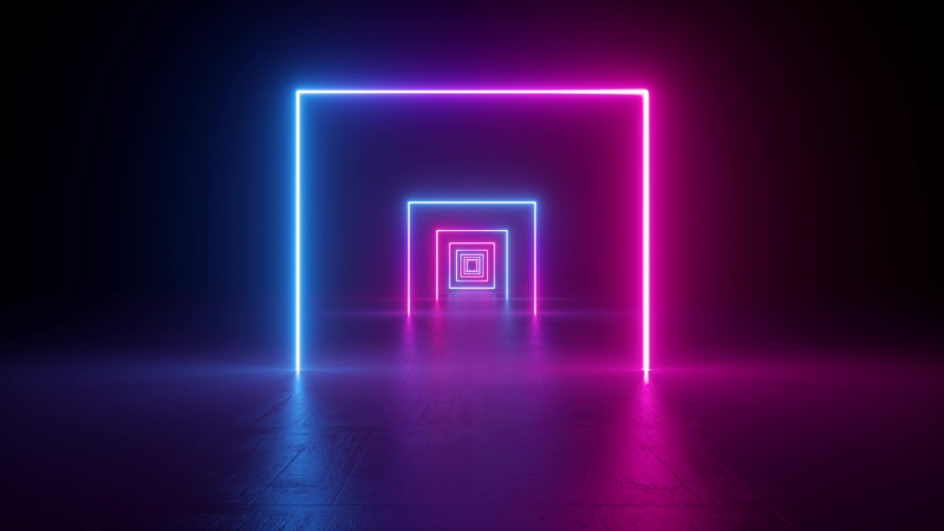 abstract neon background, flying forward through rectangular corridor, long tunnel, appearing glowing pink blue square shapes Royalty-Free Stock Footage #1032392777