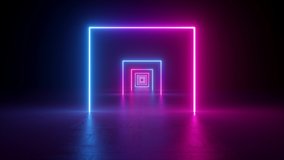 abstract neon background, flying forward through rectangular corridor, long tunnel, appearing glowing pink blue square shapes