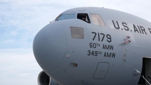 FORT WAYNE, INDIANA / USA - June 8, 2019: United States Air Force C-17 Globemaster III sits on static display at the 2019 Fort Wayne Airshow.