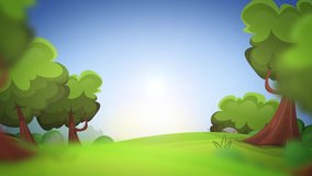 Spring Cartoon Nature Background Loop/
4k animation of a cartoon summer or spring season country landscape, with road trail leading towards horizon seamless looping