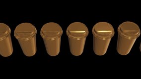 Disposable coffee cups. Row of gold mug with cap. 3d render Video available in 4k FullHD and HD render footage