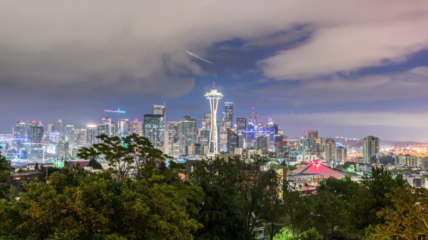 Seattle, Washington, USA downtown skyline from night till dawn.