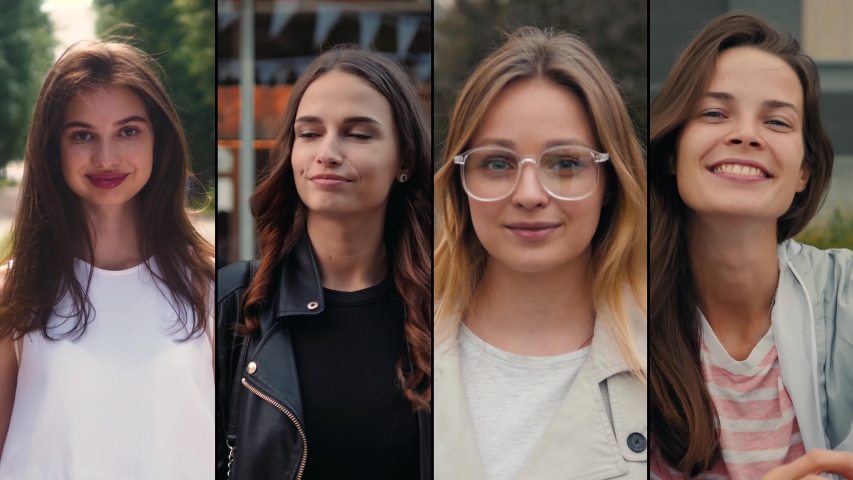 Collage portrait of mix raced young professionals or students, happy young international group, female power and woman smiling, happy people Royalty-Free Stock Footage #1032412010