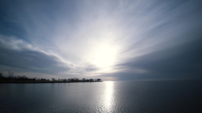Pan Right Beautiful Sunlight Rays On Lake Michigan Lakefront Milwaukee