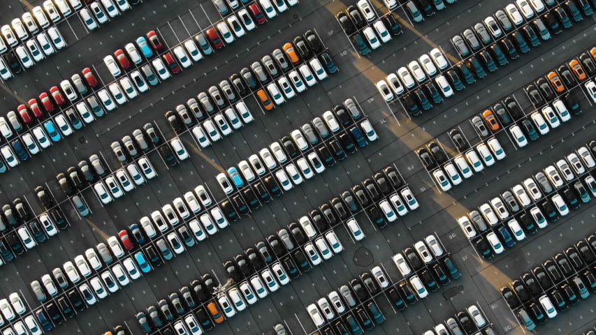 Aerial view of the parked new cars at the automotive plant Royalty-Free Stock Footage #1032422408