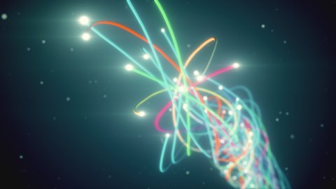 Spreading multi colored fiber wires in space. Camera movement for wires. The concept of distribution and transmission of information in the digital world. 3d render