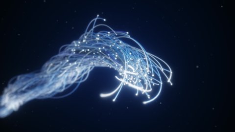 Spreading blue fiber wires in space. Camera movement for wires. The concept of distribution and transmission of information in the digital world. 3d render