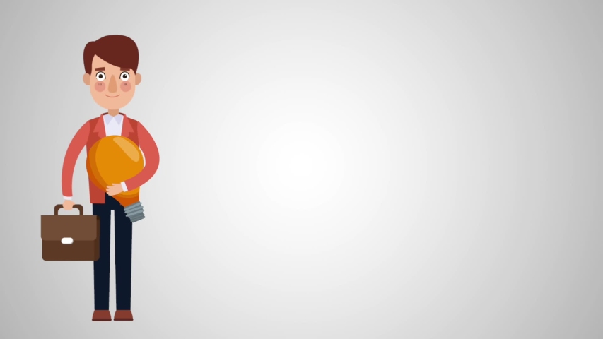 Businessman holding a bulb and hand up simbolizing business idea High definition animation colorful scenes