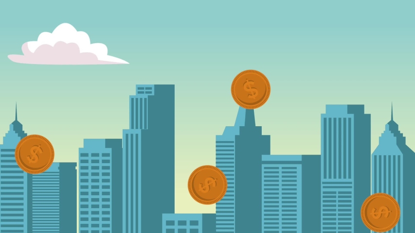 Coins falling down at city simbolizing money and business High definition animation colorful scenes