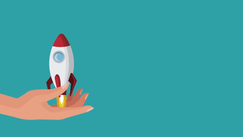 Spaceship taking off from hand simbolizing start up company High Definition colorful animation scenes