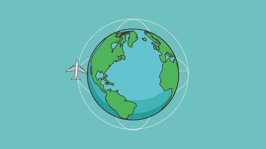 Airplane circling around world simbolizing travel high definition colorful animation scenes