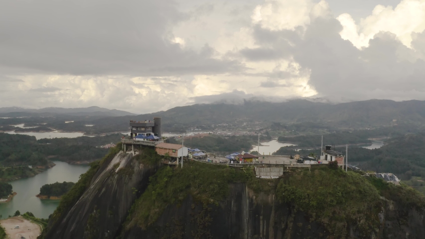 Lookout on the rock in Guatape, Colombia, aerial drone footage