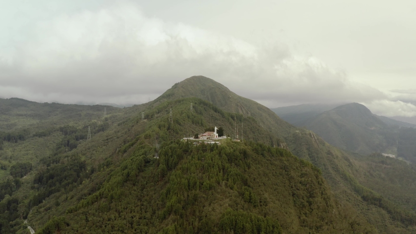Guadalupe hill landmark in Bogota, Colombia, arial view drone footage