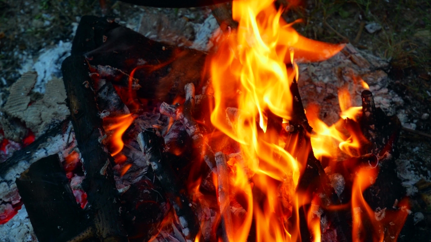 Wood charcoalfire outside, camp fire Burning 4k closeup Video
