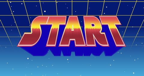 Digital animation of a Start sign zooming in the screen while background shows green square outlines moving upwards and the galaxy