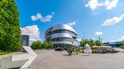 Stuttgart, Germany jun 8, 2019: Mercedes-Benz Museum World hyperlapse time lapse video,only museum in the world that can document in a single continuous timeline over 130 years of auto industry