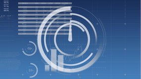 Digital animation of an illustration of a running clock. Behind it are graphs and statistics moving across the background towards the left - Powered by Shutterstock - Get 15% off with code: PIKWIZARD15