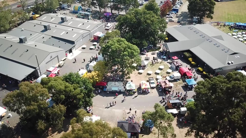 Aerial view of a festival in the outer suburbs of Melbourne, Victoria, Australia. March 2019.