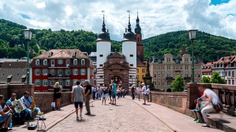 The Karl Theodor Bridge in Heidelberg Walking on bridge in Germany Heidelberg city, hyperlapse timelapse video in 4K.