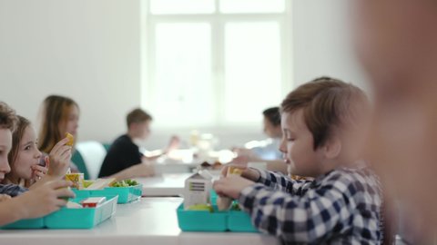 Cute little pupils having a tasty lunch between lessons at a a school. Portrait of a hungry sweet boy eating his snacks with taste sitting with classmates.