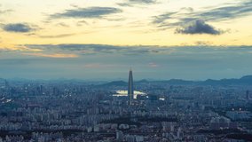 Seoul city with sunset skyline aerial view time lapse video.