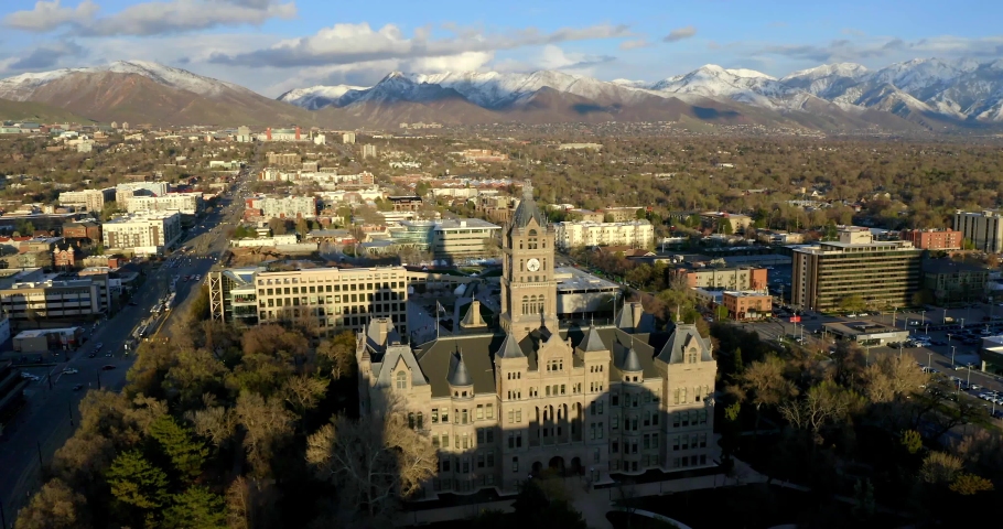 Aerial Drone View of Salt Lake City Skyline & Cathedral, Church