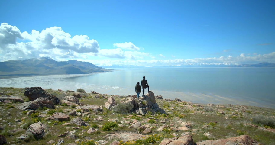 View of Great Salt Lake, Hikers on Top of Antelope Island Utah