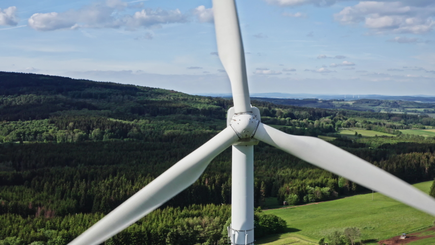 Drone flight over a wind power plant in germany