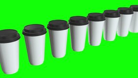 Disposable coffee cups. Row of Blank paper mug with plastic cap. 3d render Video available in 4k FullHD and HD render footage