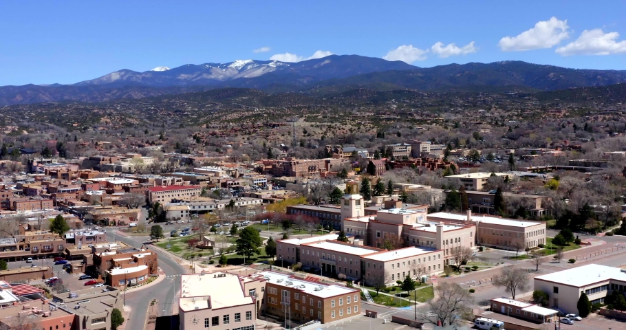 Santa Fe, New Mexico Skyline by Overhead Aerial Drone
