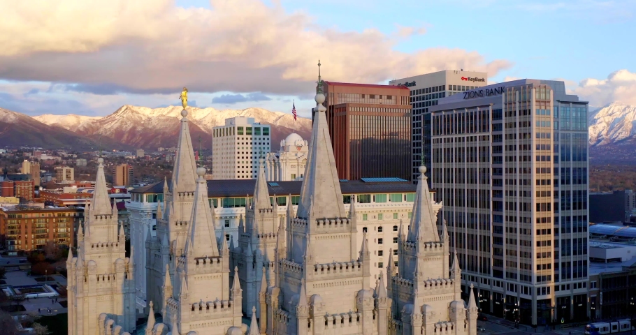Salt Lake City, Utah / USA - April 15, 2019: Mormon Latter-Day Saints Temple at Sunset, Salt Lake City by Drone