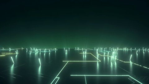 Gaming concept. Futuristic glossy black floor with glowing lines. Glow neon sticks. Green light on background. 4k Animation