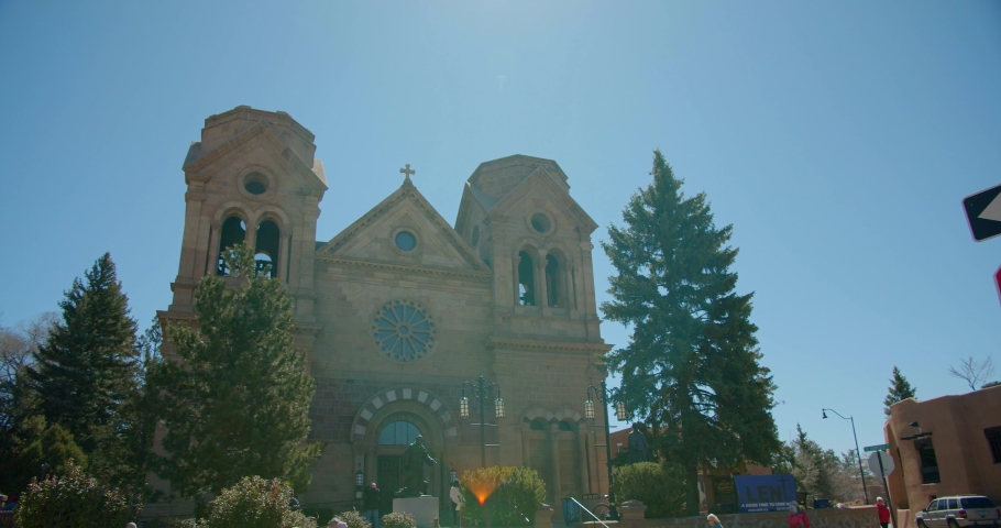 Santa Fe, New Mexico / USA - April 11, 2019: Cathedral Basilica of St. Francis, Santa Fe Church, Handheld Reveal