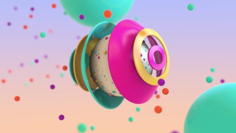 3D animation of abstract floating spheres and colorful pieces floating around it in bright colors. 4k 3D animation.