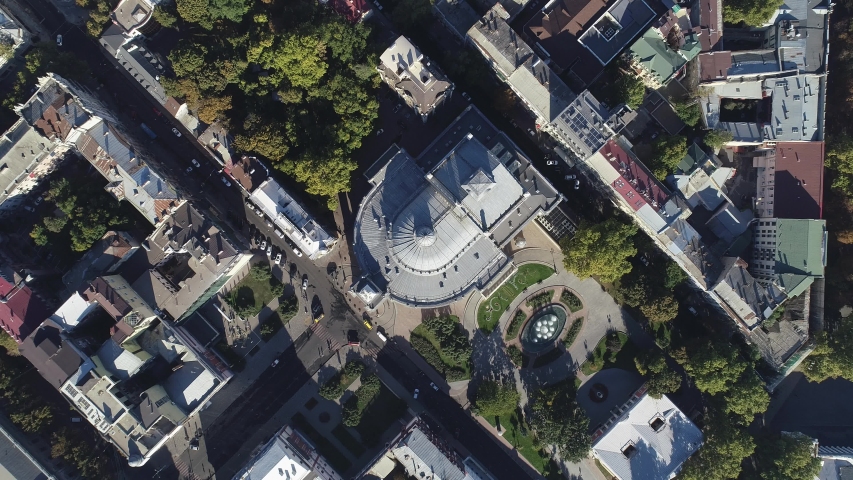 Stock footage 4k video Odessa Opera and Ballet Theater, Ukraine. Top view. The camera rotates around the center of the theater.