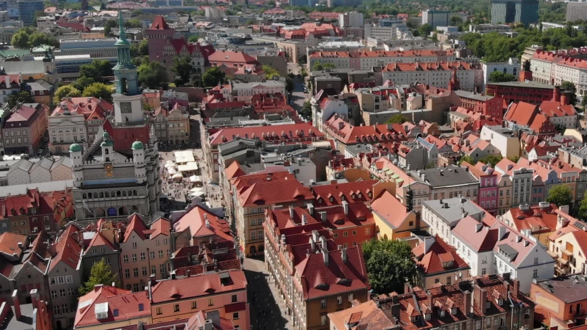 Aerial View of Poznan Poland, Poznan  is a city on the Warta River in western Poland, Town with a lot of houses, and Big buildings.