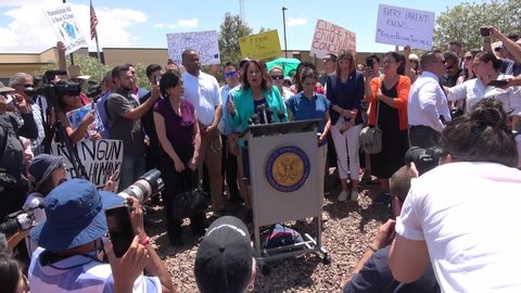 Clint, Texas / USA - 1 July 2019
US Representative Democrat  Veronica Escobar lashes out over deplorable conditions following border facility tours. Women were told to drink out of toilets.
