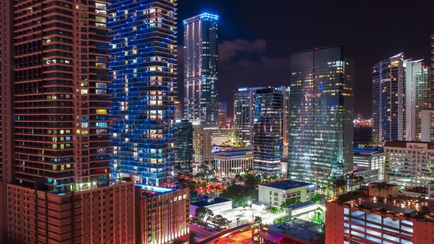 Aerial view of busy streets of Miami city, Downtown Miami financial district, Miami city hyperlapse, at night. Real Estate Miami downtown Shot on 4k camera.