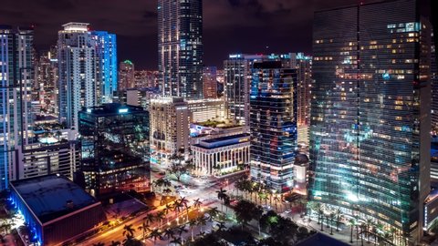 Best Miami Aerial shot. Beautiful Hyperlapse timelapse of night Miami city traffic. Drone panorama view flight over Miami at night. Miami downtown in 4K UHD  aerial view.