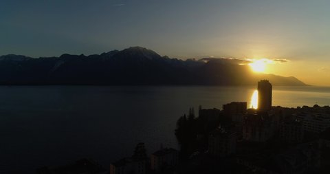 Drone shot of montreux during sunset