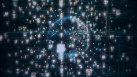 people faces connection at social network in concept footage of big data with a flood of people portraits global linked on the background of the planet earth model, 3d rendering 4K video.