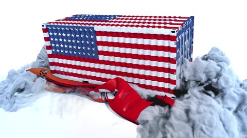 A huawei container breaks a falling American container, scatters dust from a container, a panorama camera from right to left, on a white background.