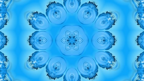 Abstract snowflake in motion of the blue lines of ribbons on a blue background. Kaleidoscopic effect. Winter glass ice composition. 4k seamless frames with matte brightness as alpha matte
