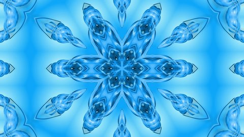 Abstract snowflake in motion of the blue lines of ribbons on a blue background. Kaleidoscopic effect. Winter glass ice composition. 4k seamless frames with matte brightness as alpha matte.