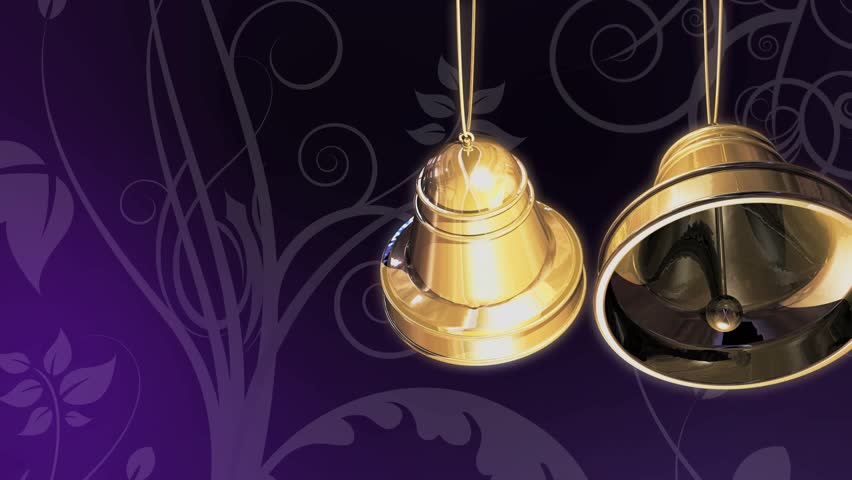 High definition animation of golden bells swinging over a purple decorative