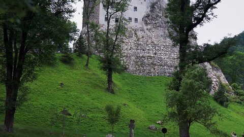Panoramic view of the Bran Castle, Transylvania, Romania in June 26, 2019. Outside HD video