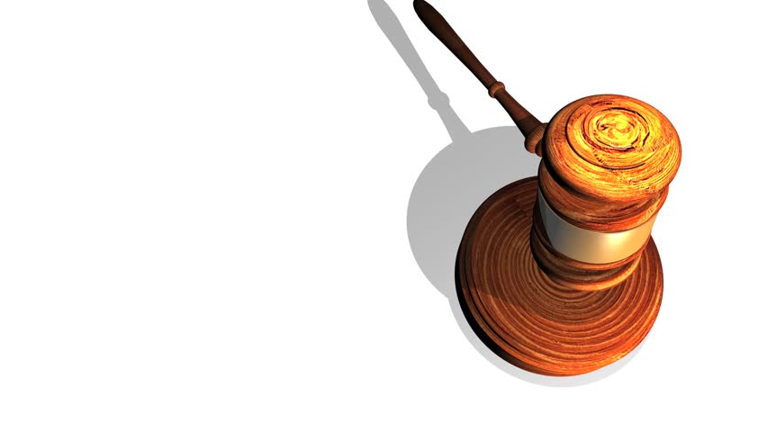 High definition animation of a wooden gavel striking a wooden block on a white