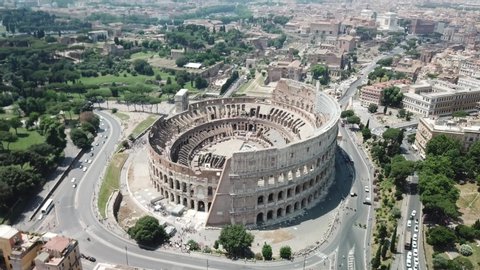 Colosseum drone 4king backward , Rome Italy Architecture History Roman Coliseum